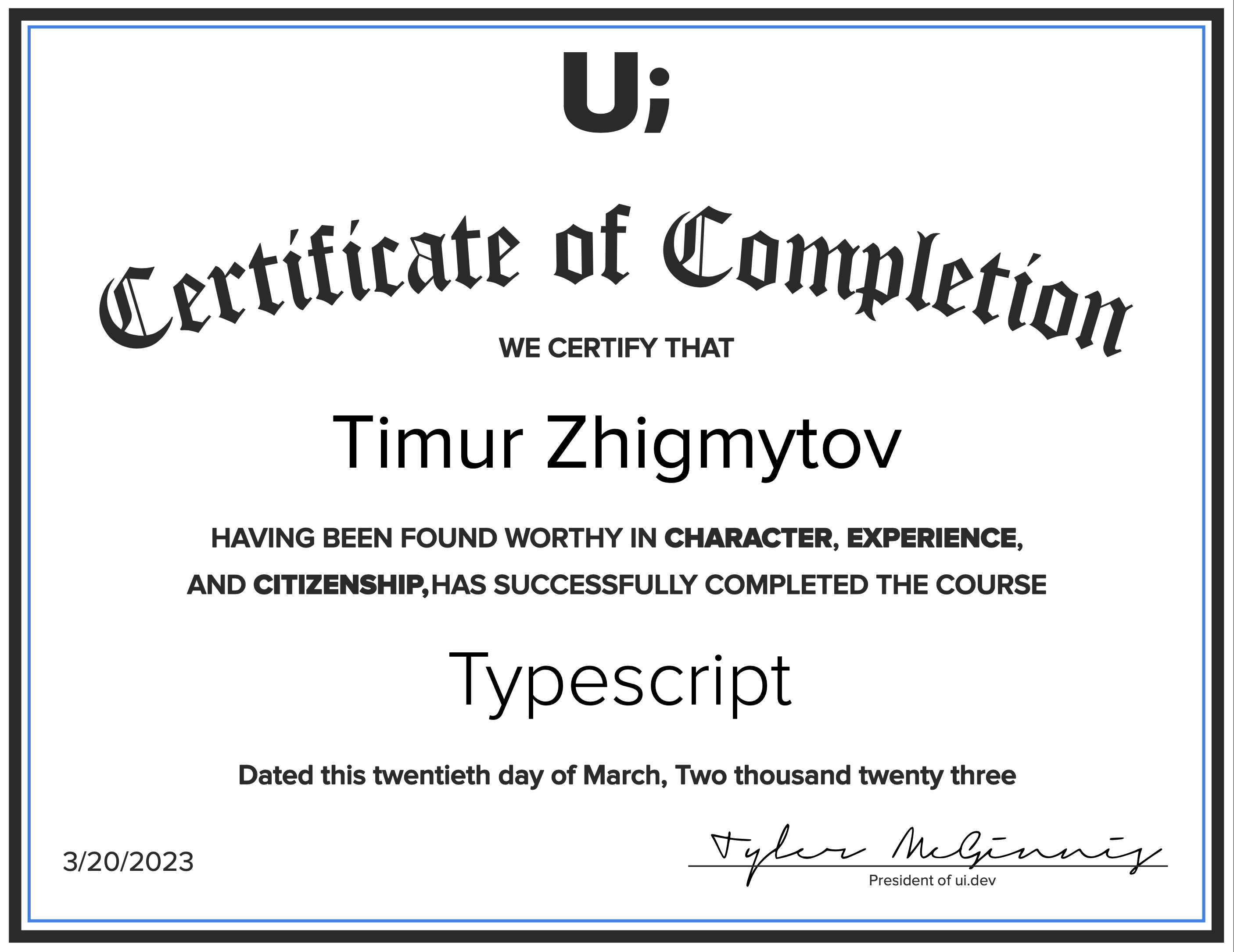 my 'Typescript' course certificate from ui.dev platform