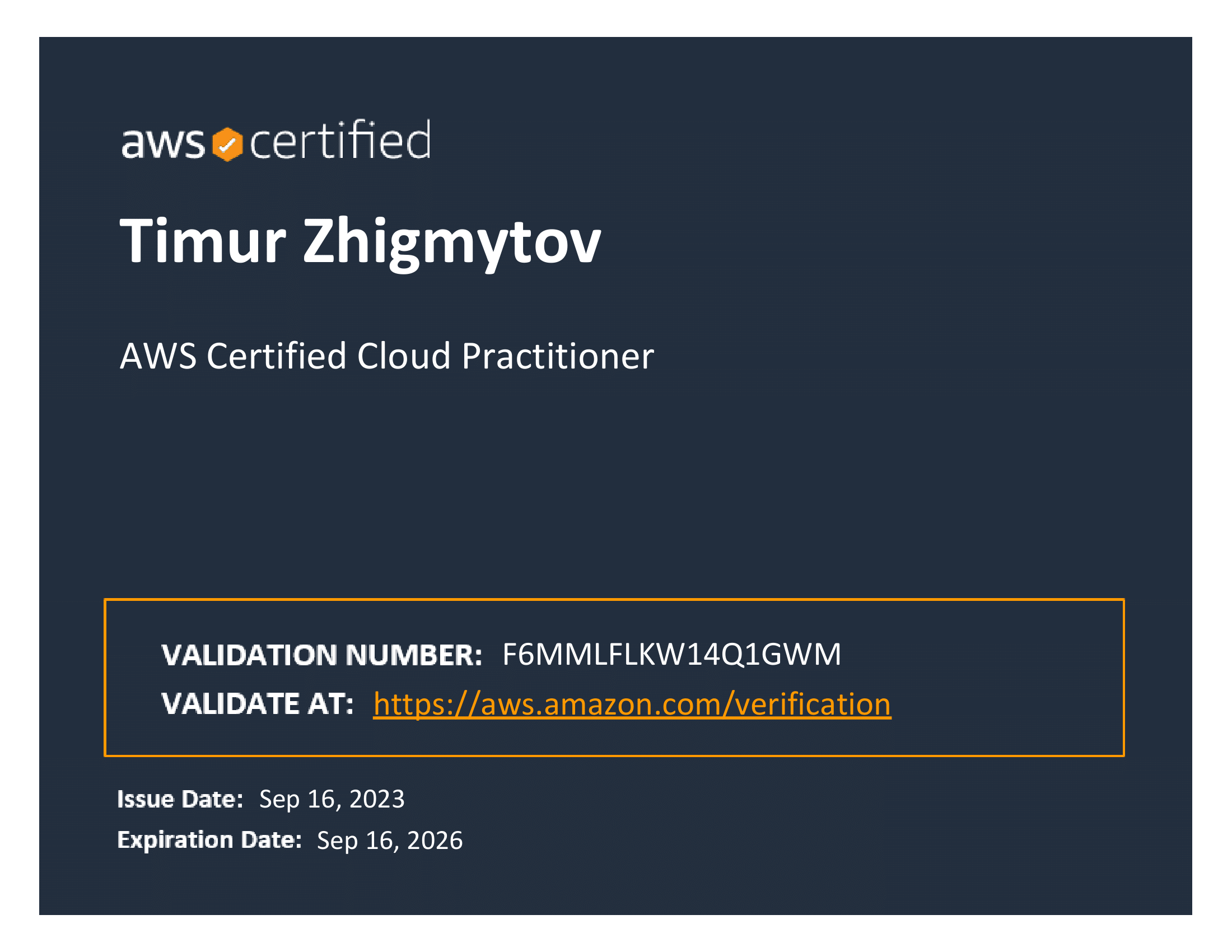 My 'AWS Certified Cloud Practitioner' exam certificate